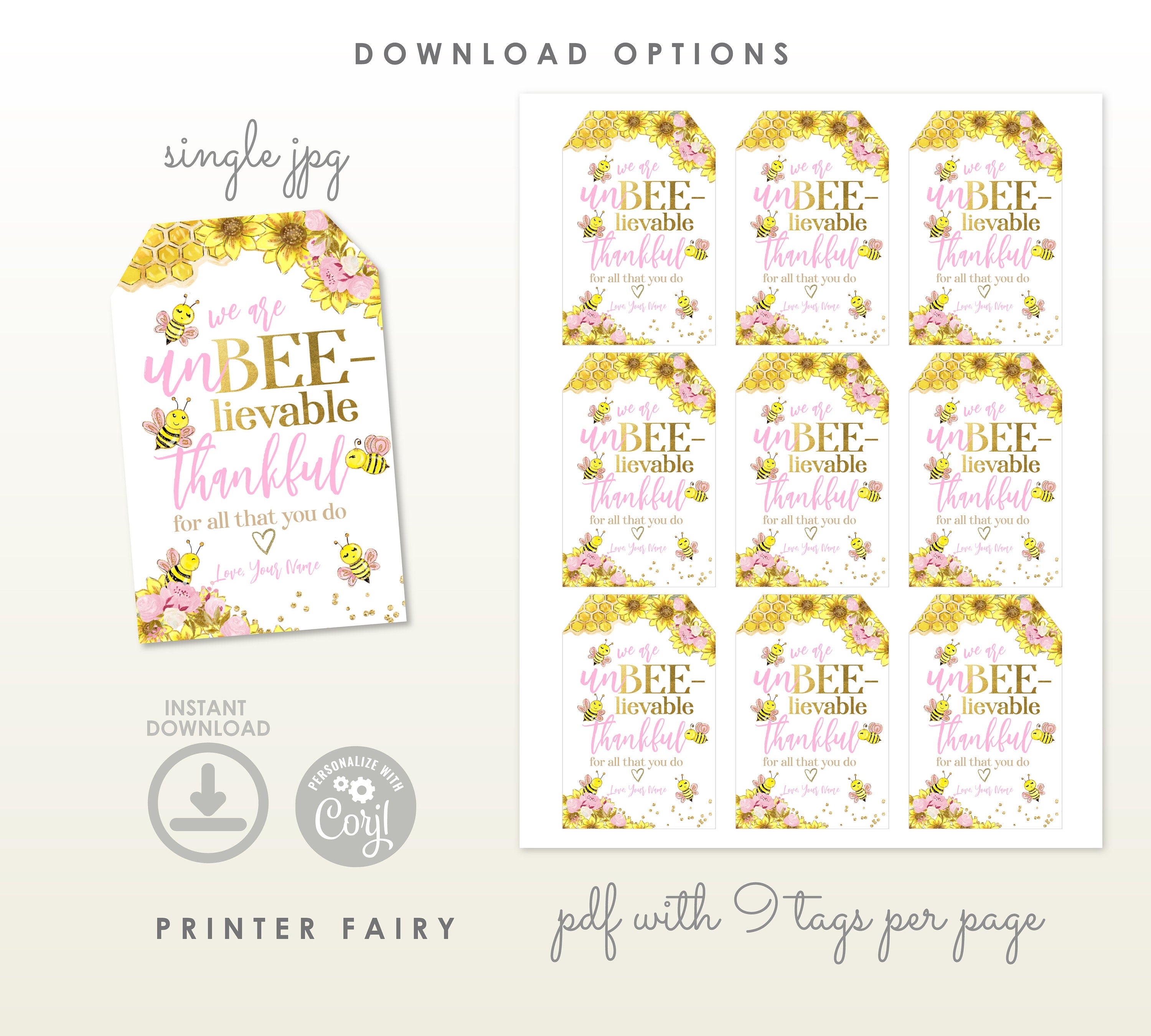 Bee Thankful Gift Tags, Editable Appreciation Printable (Instant Download)