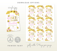 Bee Thankful Gift Tags, Editable Appreciation Printable (Instant Download)