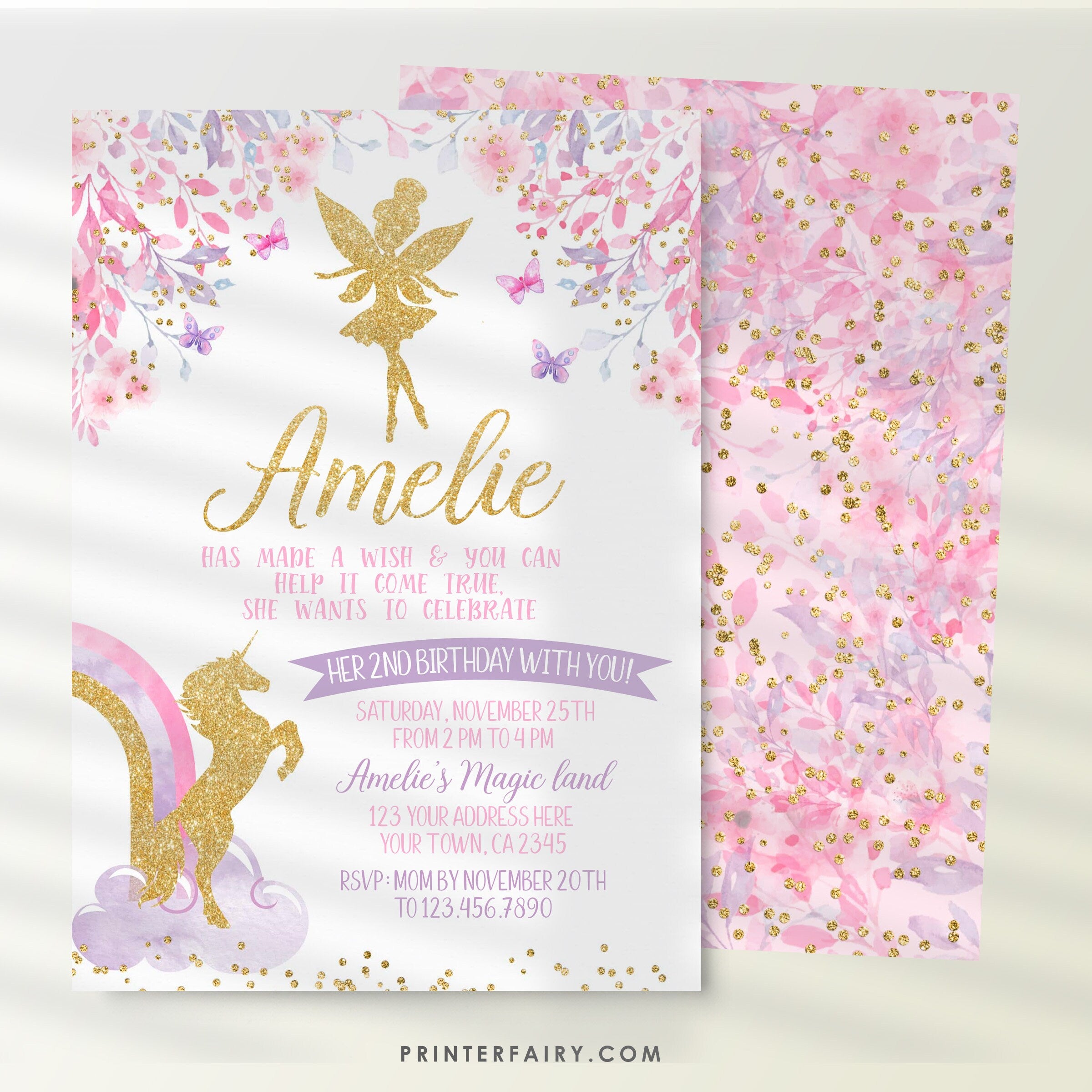 Fairy and Unicorn Birthday Invitation, Floral Party (Digital Invite)