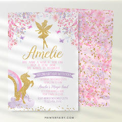 Fairy and Unicorn Birthday Invitation, Floral Party (Digital Invite)