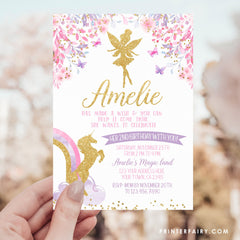 Fairy and Unicorn Birthday Invitation, Floral Party (Digital Invite)