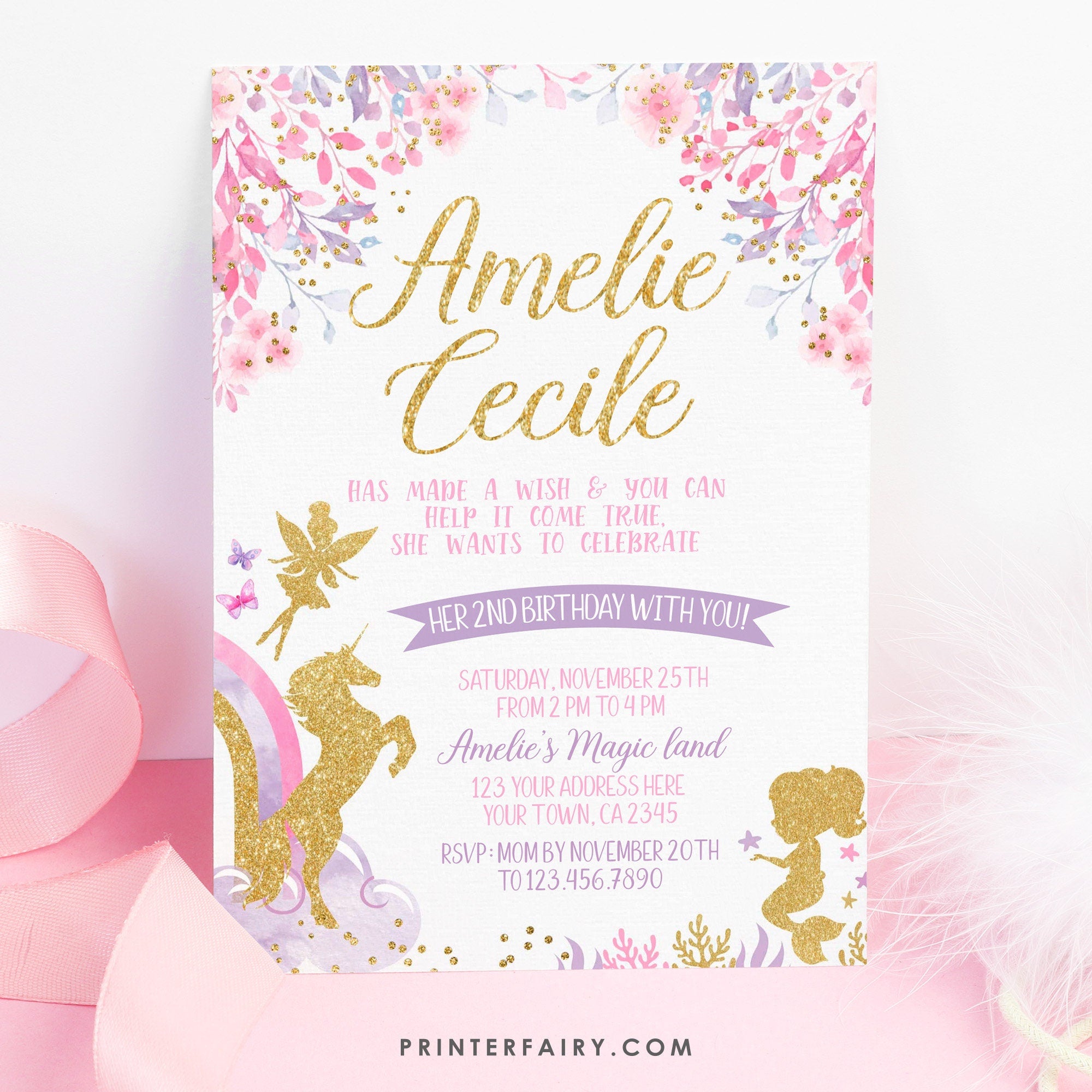 Fairy Unicorn Mermaid Birthday Invitation, Pink Gold Purple (Editable)