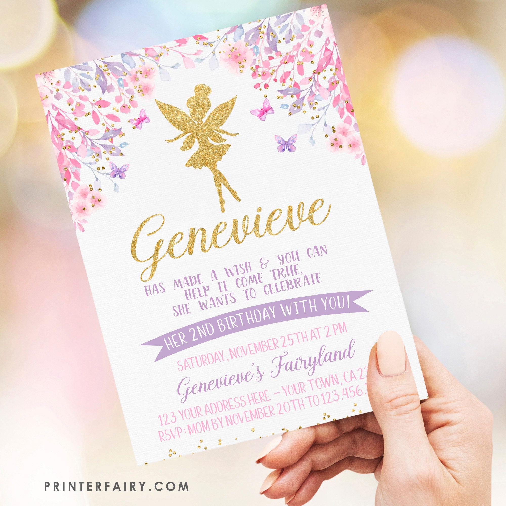 Fairy Birthday Invitation, Floral, Gold, Pink, Purple (Digital Invite)