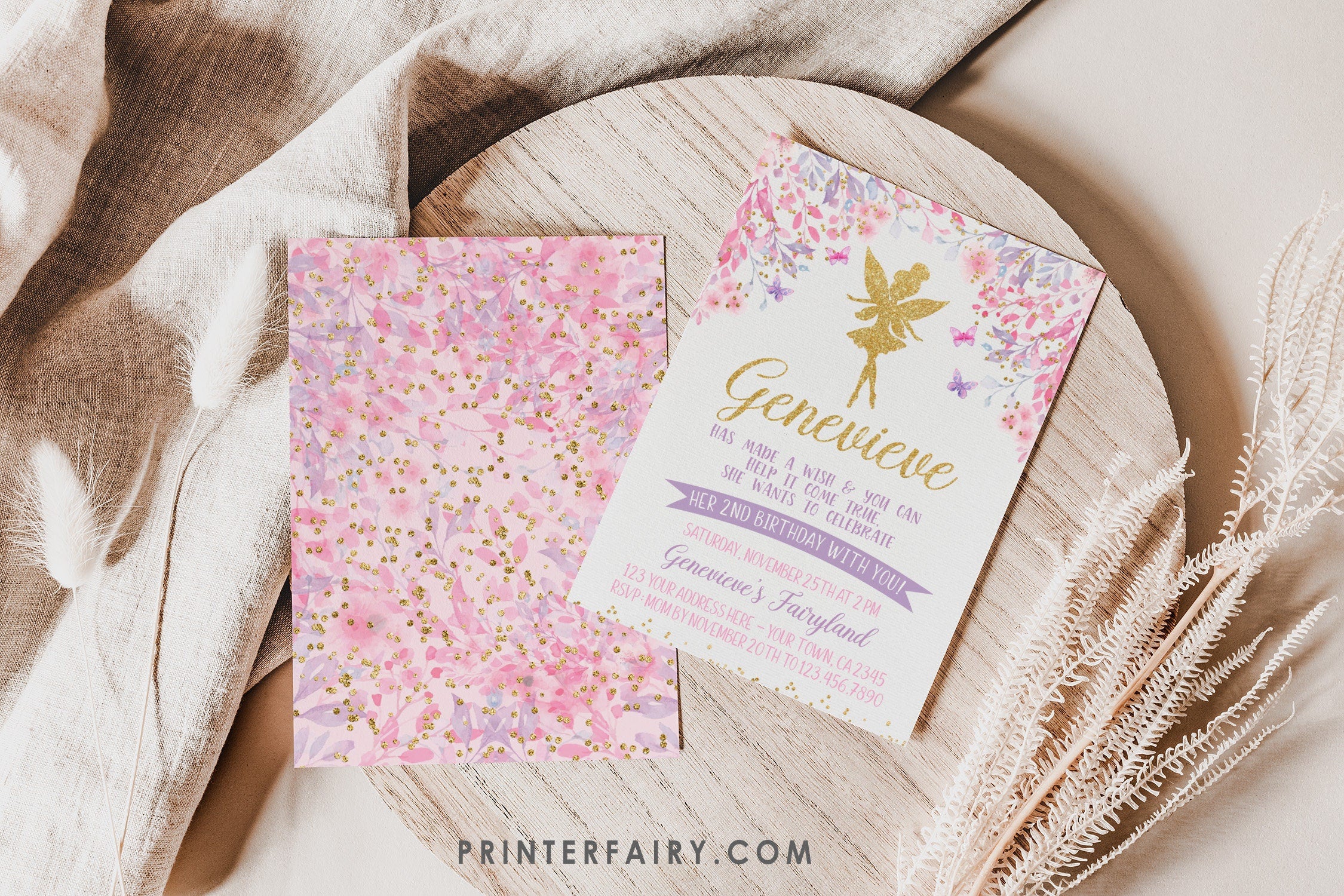 Fairy Birthday Invitation, Floral, Gold, Pink, Purple (Digital Invite)