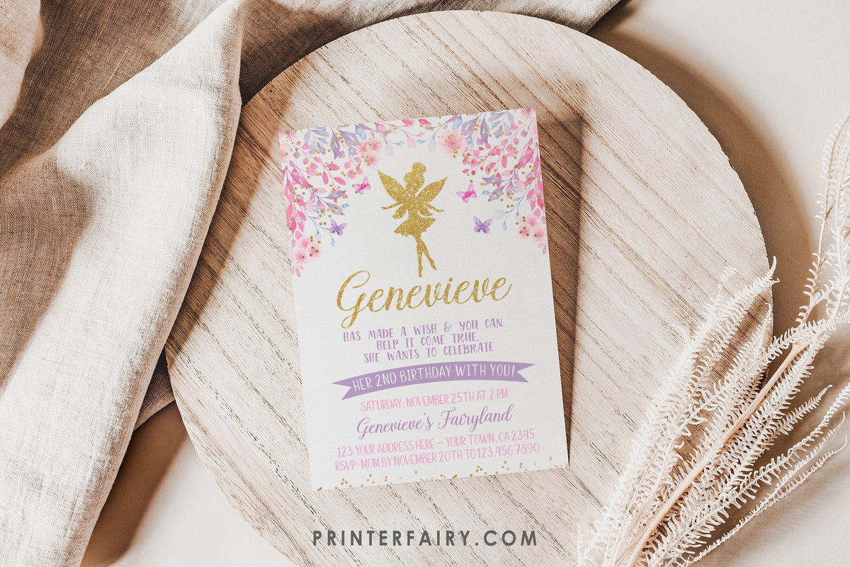 Fairy Birthday Invitation, Floral, Gold, Pink, Purple (Digital Invite)