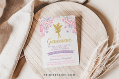 Fairy Birthday Invitation, Floral, Gold, Pink, Purple (Digital Invite)