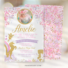 Fairy Unicorn and Mermaid with Photo EDITABLE Birthday Invitation Template, INSTANT DOWNLOAD