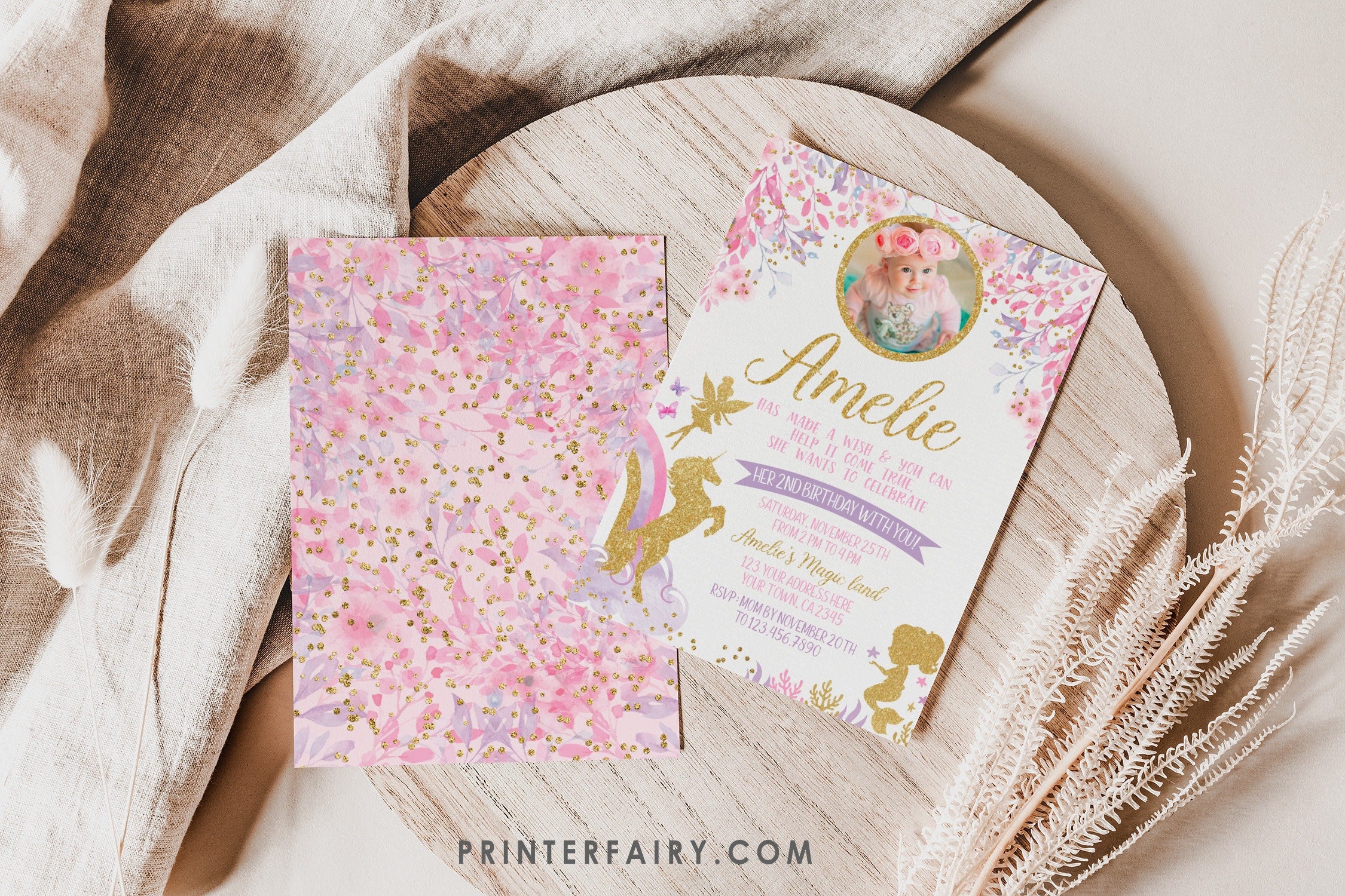 Fairy Unicorn and Mermaid with Photo EDITABLE Birthday Invitation Template, INSTANT DOWNLOAD