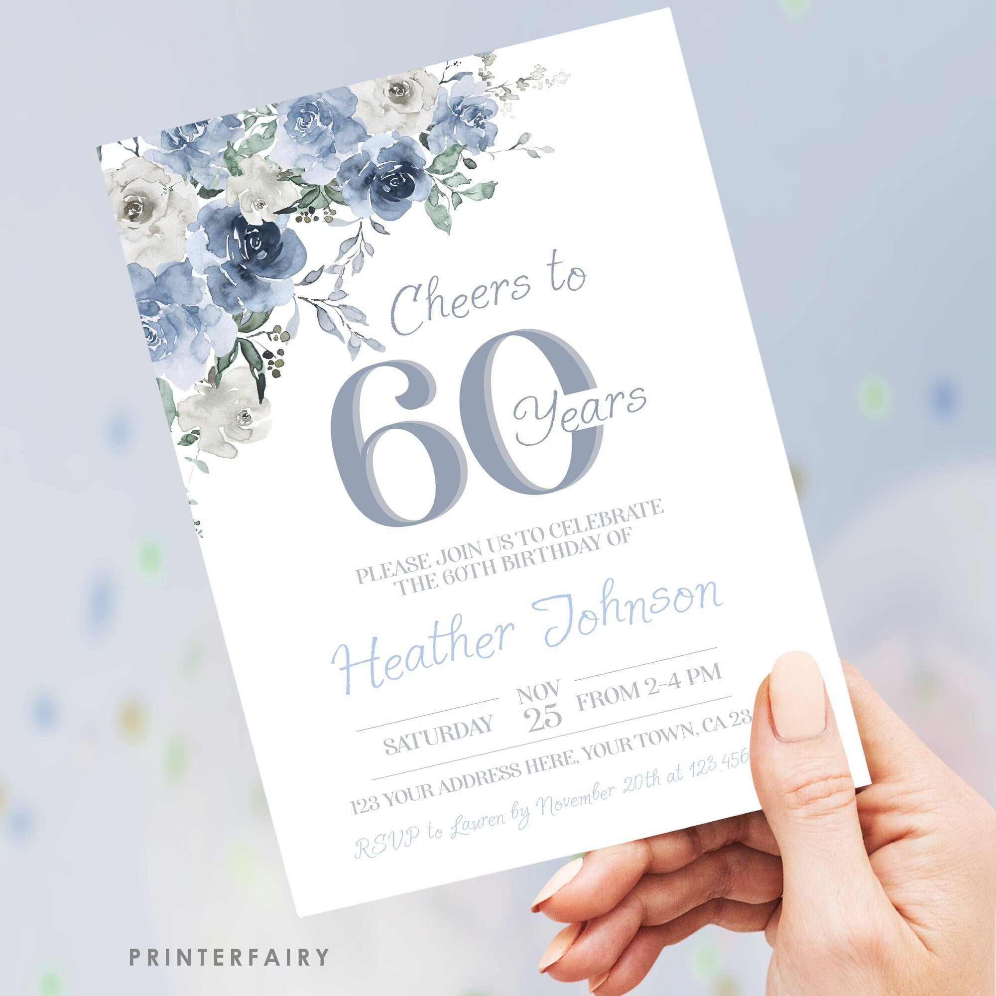 Dusty Blue Floral 60th Birthday Invitation – Editable Party Invite (Digital Download)