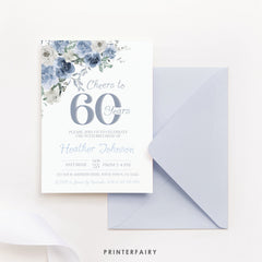 Dusty Blue Floral 60th Birthday Invitation – Editable Party Invite (Digital Download)