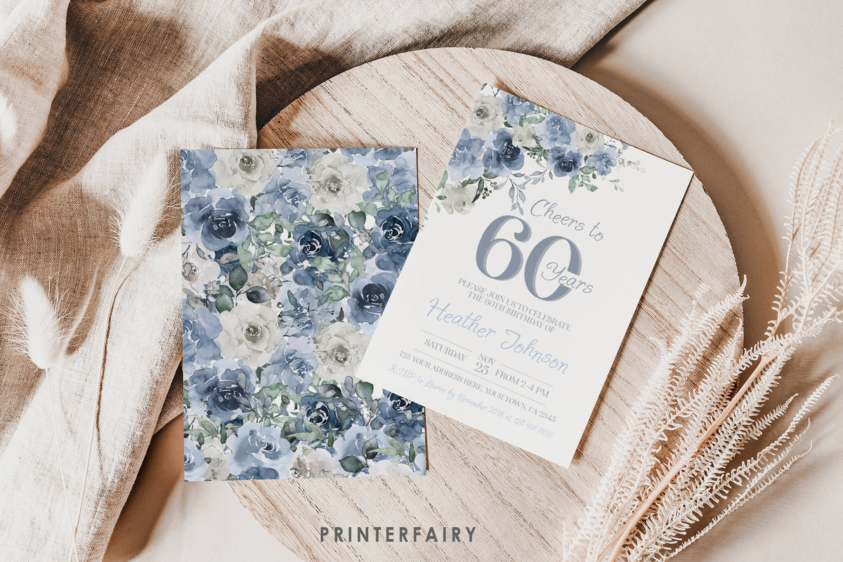 Dusty Blue Floral 60th Birthday Invitation – Editable Party Invite (Digital Download)