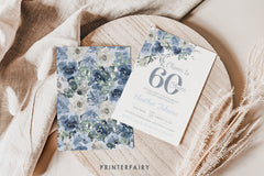 Dusty Blue Floral 60th Birthday Invitation – Editable Party Invite (Digital Download)