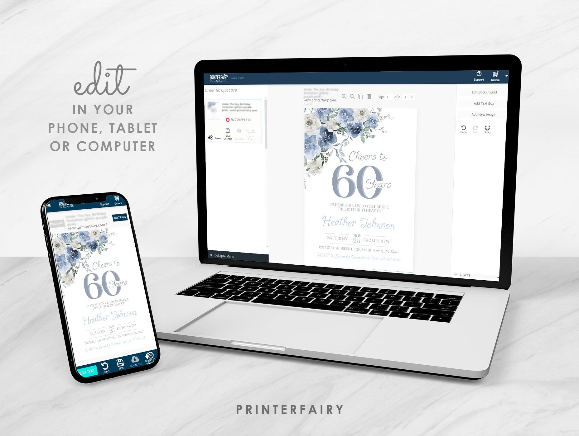 Dusty Blue Floral 60th Birthday Invitation – Editable Party Invite (Digital Download)
