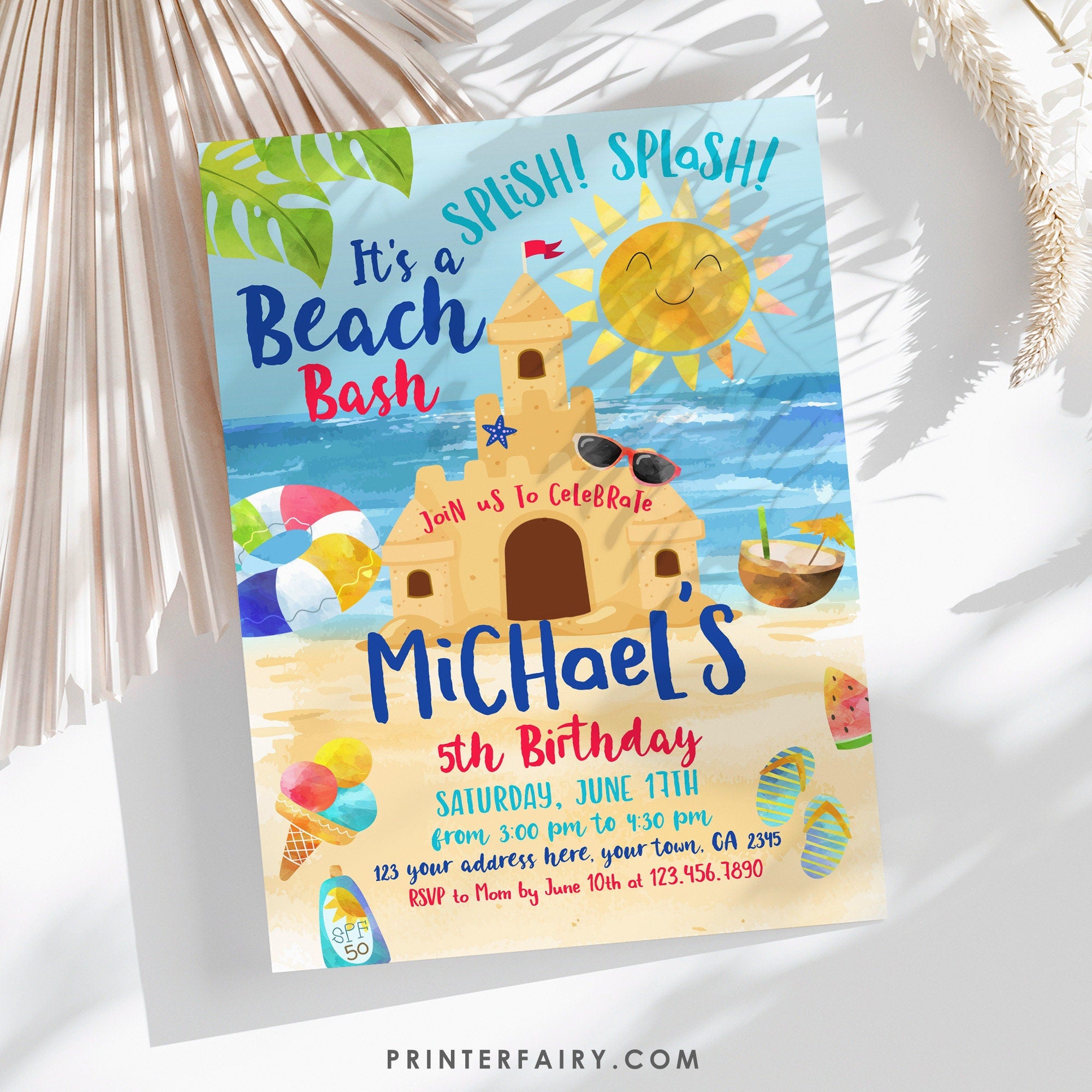 Beach Sand Castle Birthday Party Invitation Editable Template INSTANT DOWNLOAD