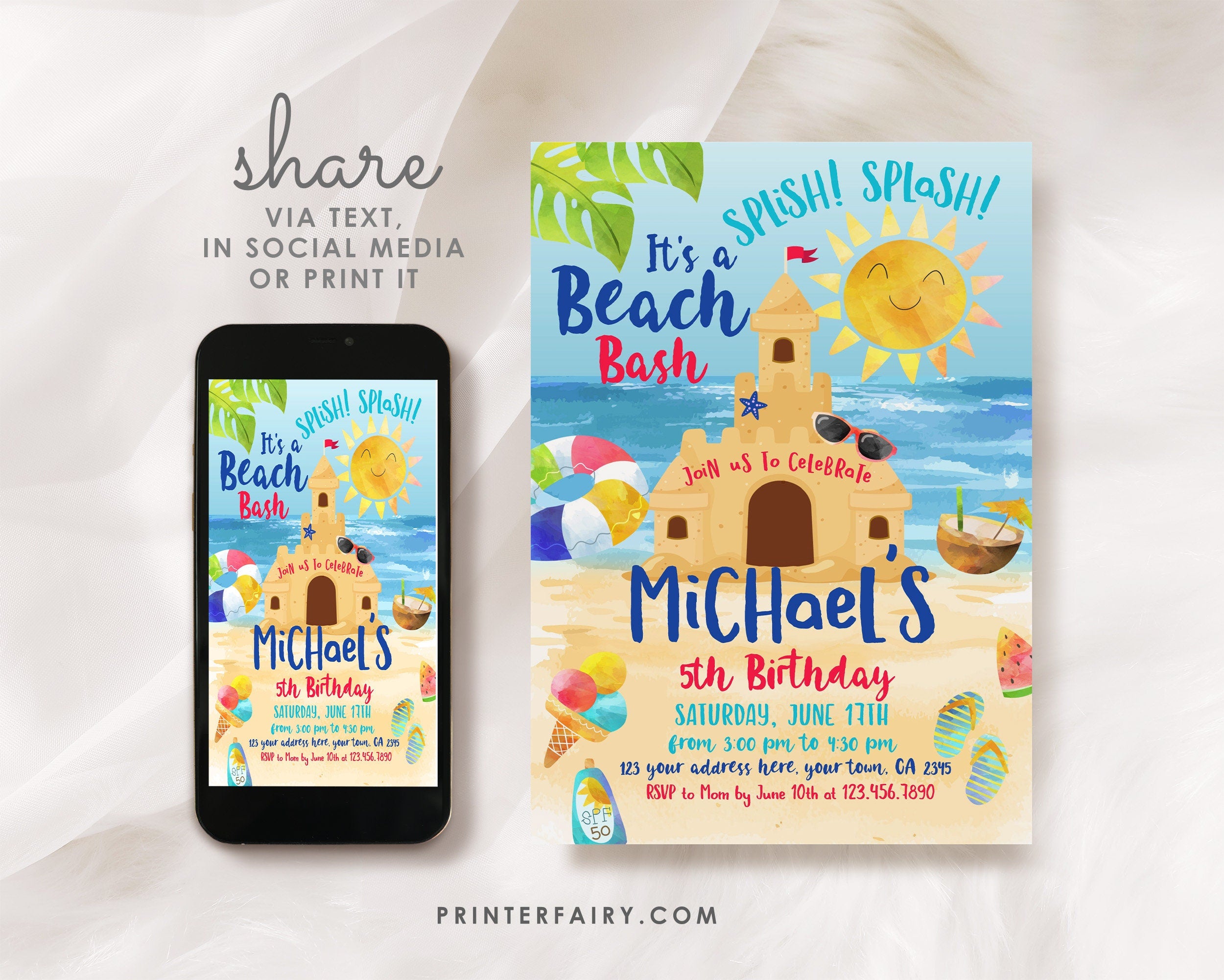 Beach Sand Castle Birthday Party Invitation Editable Template INSTANT DOWNLOAD