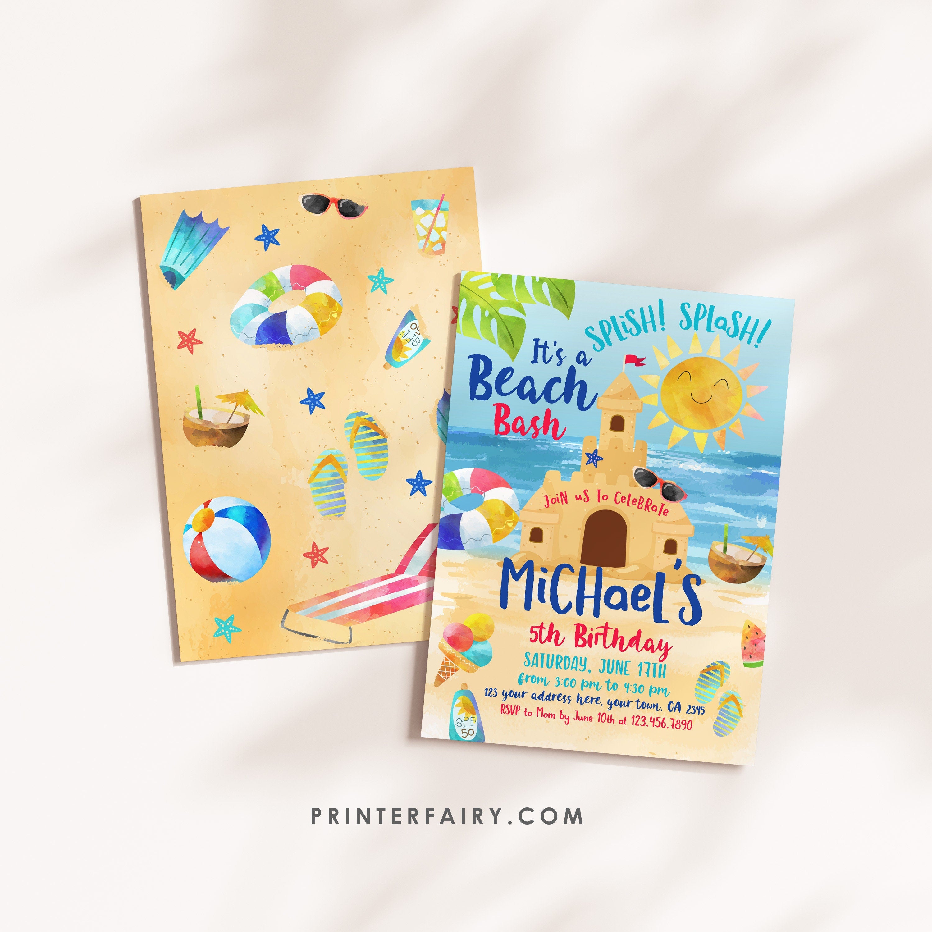 Beach Sand Castle Birthday Party Invitation Editable Template INSTANT DOWNLOAD