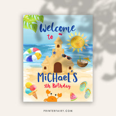 Beach Birthday Party Welcome Sign Editable Template INSTANT DOWNLOAD