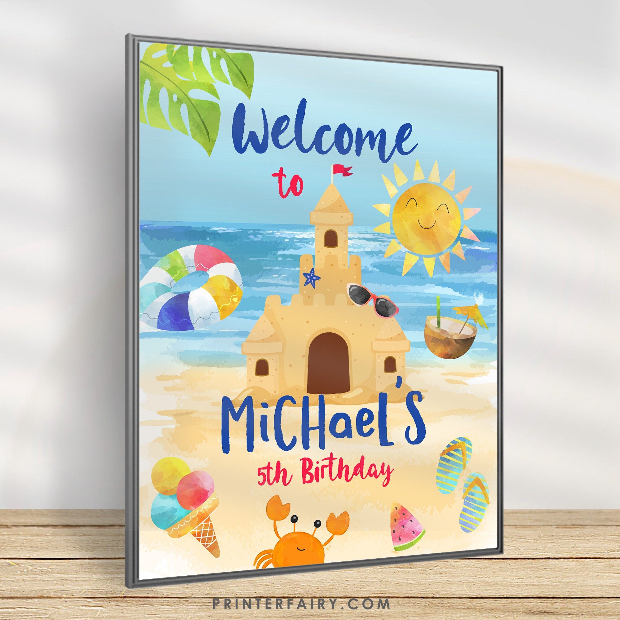 Beach Birthday Party Welcome Sign Editable Template INSTANT DOWNLOAD