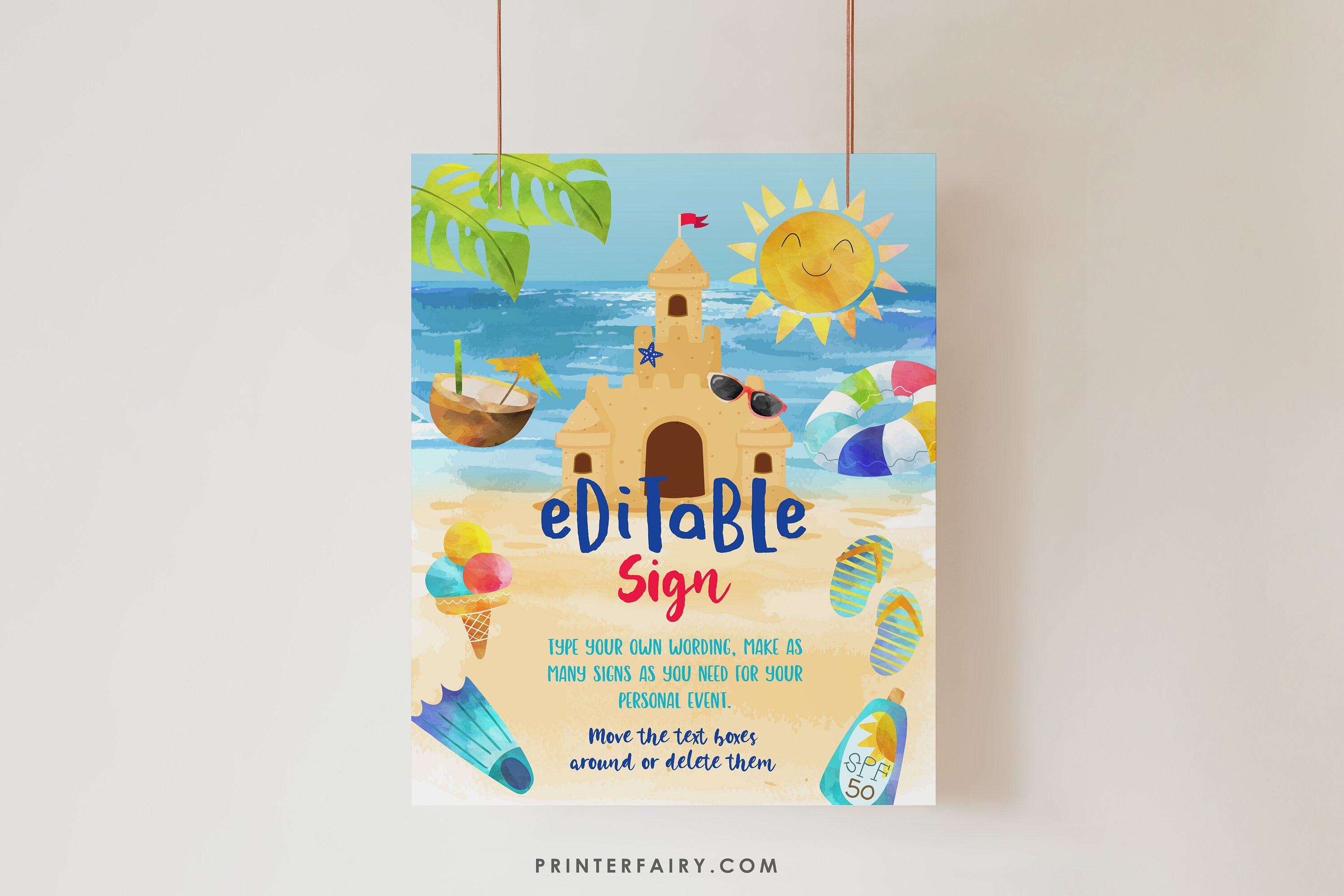 Beach Sand Castle Birthday Party Editable Sign Template, INSTANT DOWNLOAD