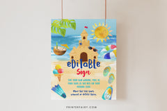 Beach Sand Castle Birthday Party Editable Sign Template, INSTANT DOWNLOAD