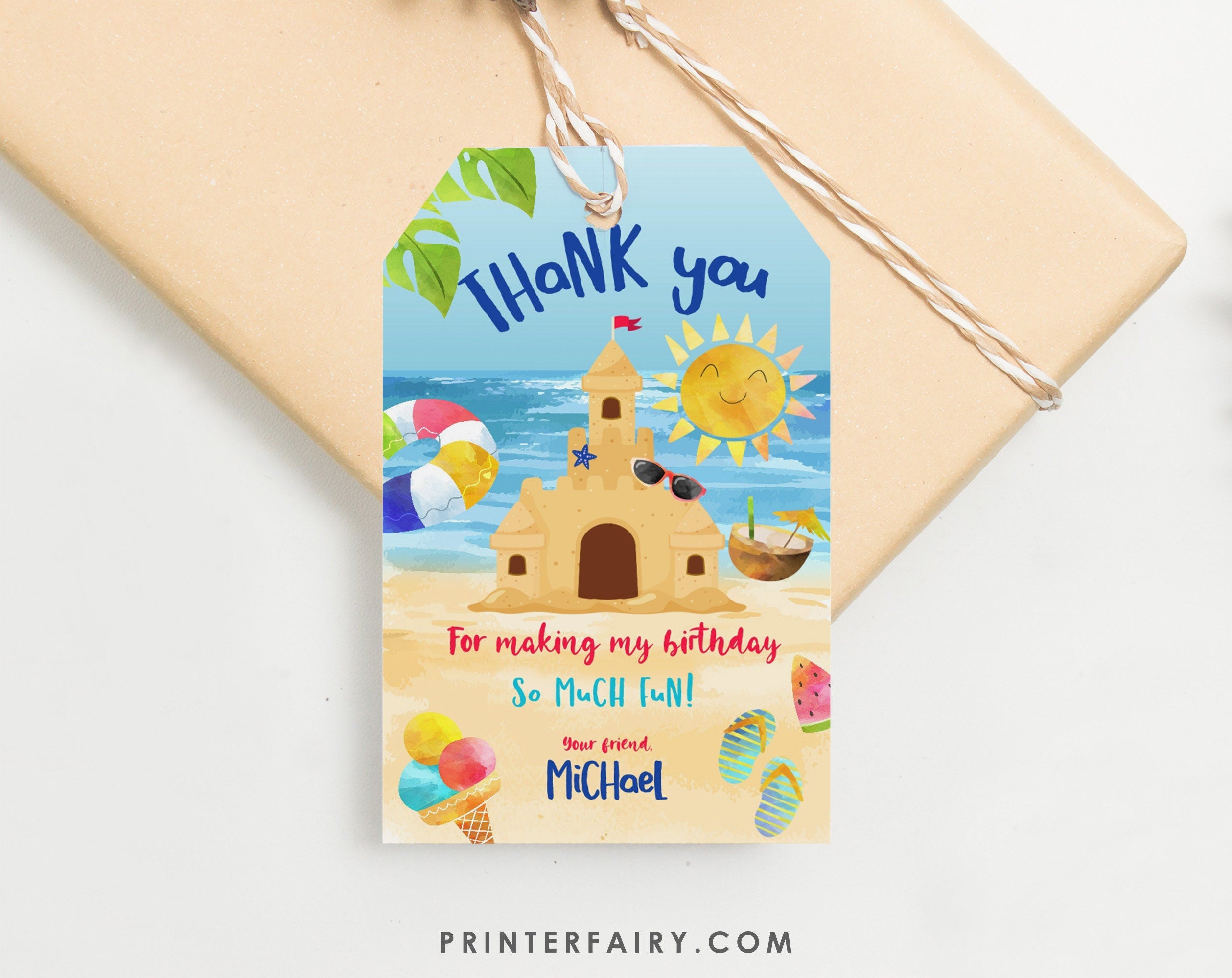 Sand Castle Beach Birthday Party Thank You Tags Editable Template, INSTANT DOWNLOAD