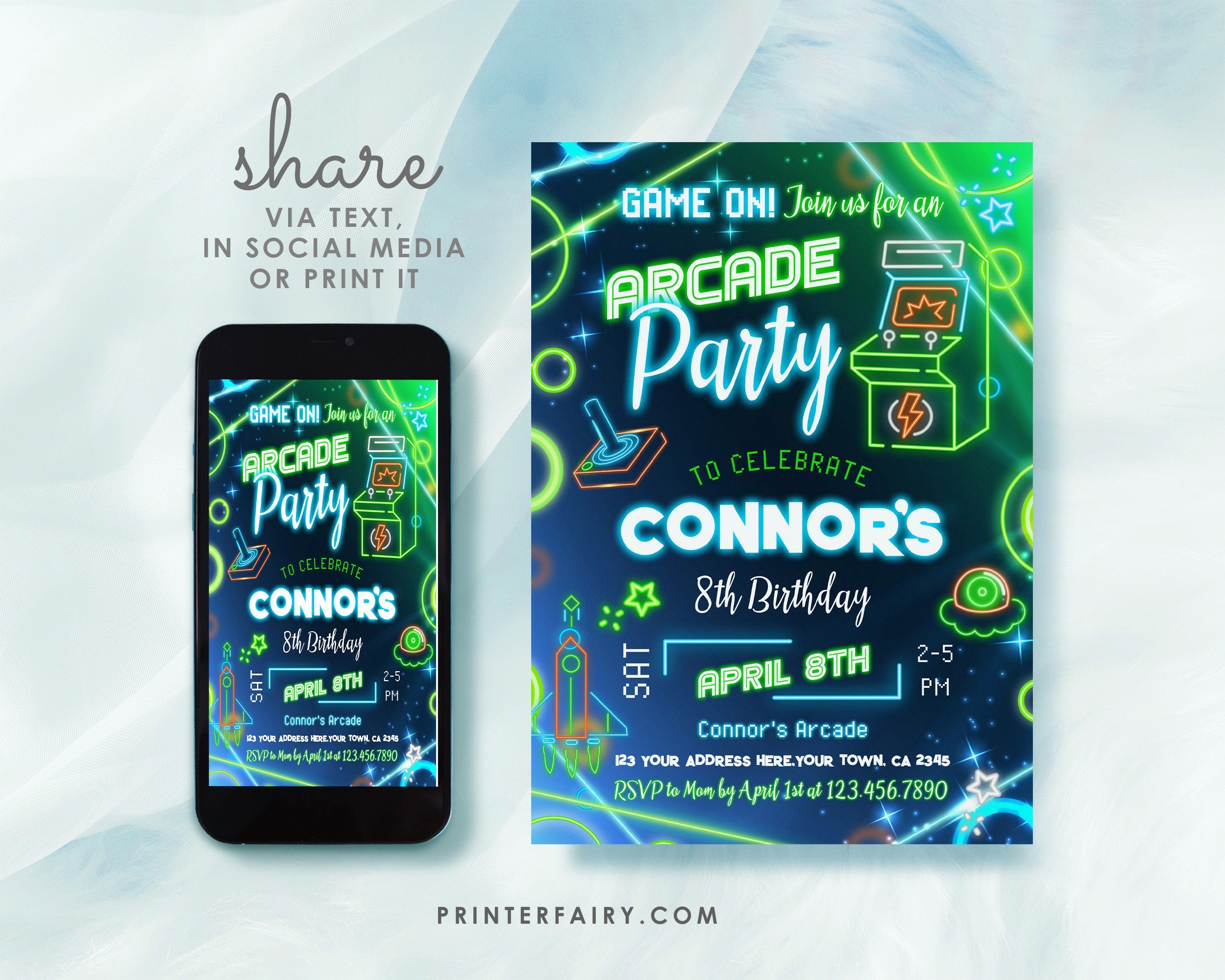 Editable Arcade Birthday Party Invitation (Digital Download)