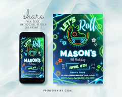 Neon Roller Skate Birthday Invitation: Editable Retro Party (Digital Download)