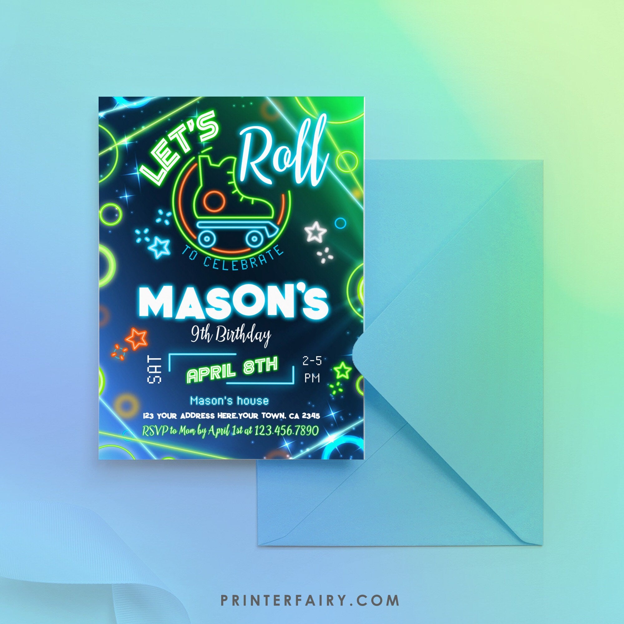 Neon Roller Skate Birthday Invitation: Editable Retro Party (Digital Download)