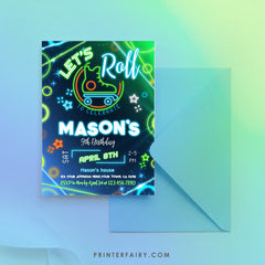 Neon Roller Skate Birthday Invitation: Editable Retro Party (Digital Download)