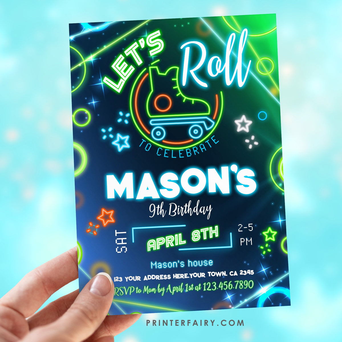 Neon Roller Skate Birthday Invitation: Editable Retro Party (Digital Download)