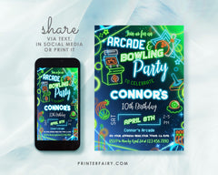 Neon Arcade Bowling Birthday Party Invitation: Editable Corjl (Digital Item)