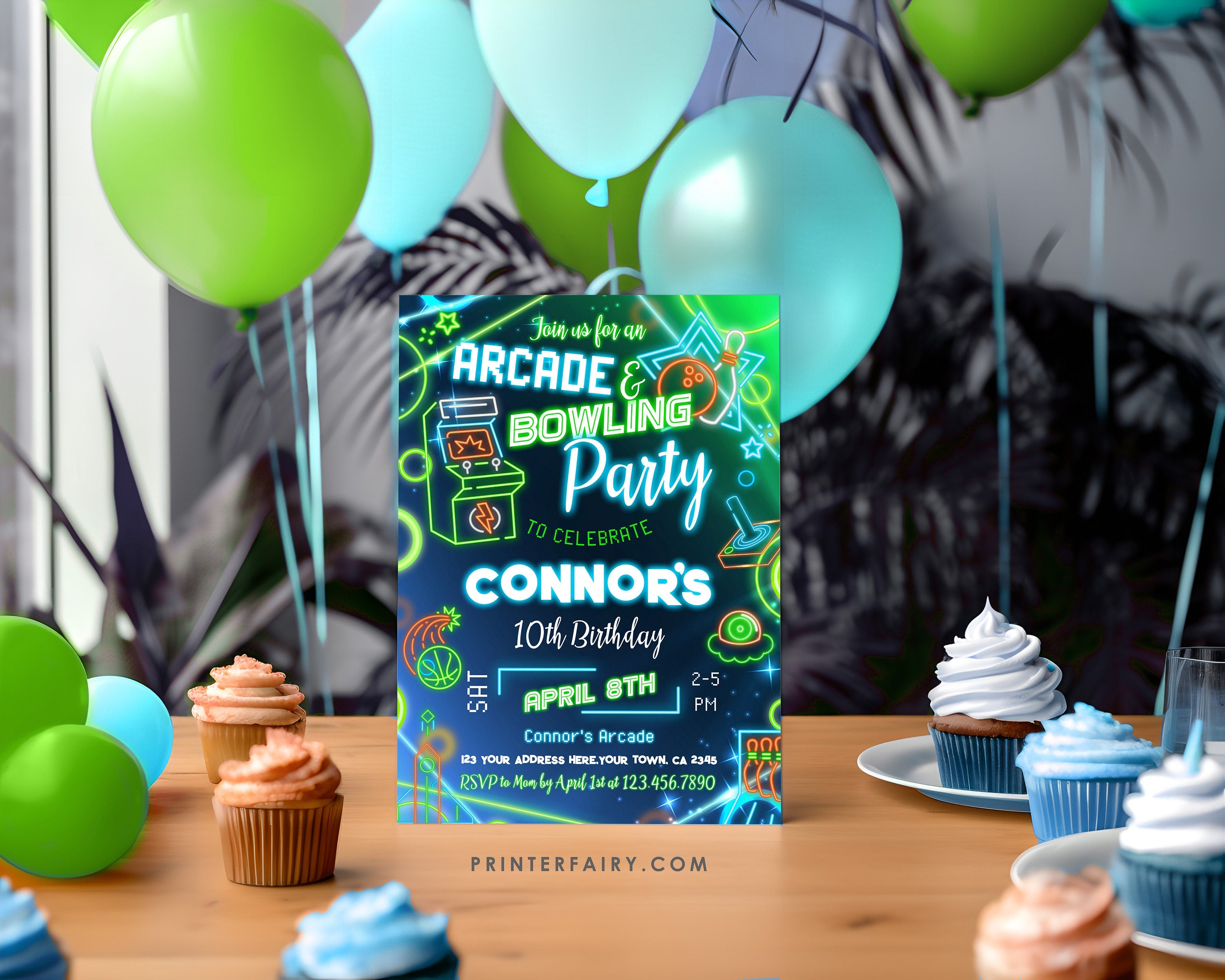 Neon Arcade Bowling Birthday Party Invitation: Editable Corjl (Digital Item)