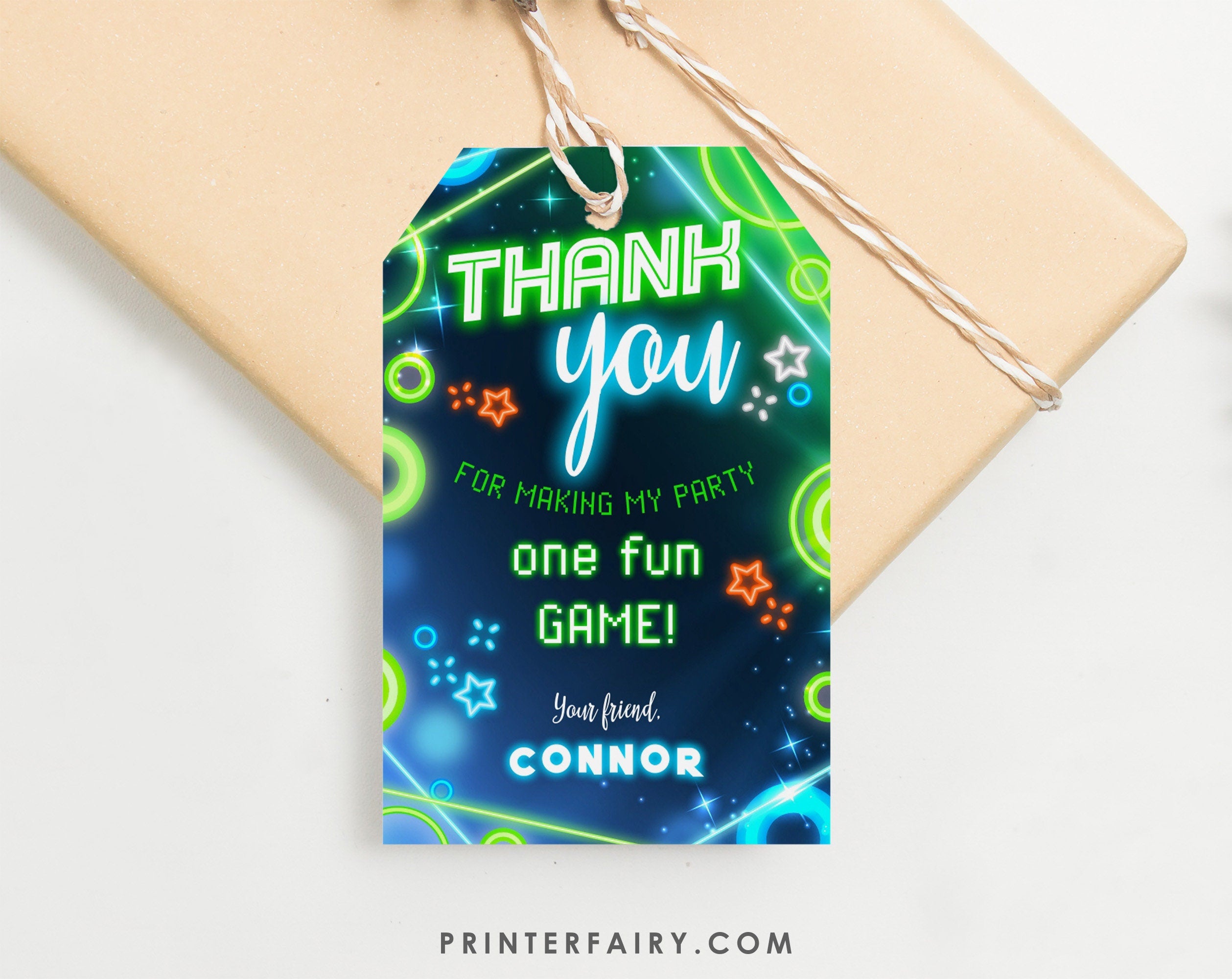 Neon Party Thank You Tags: Arcade, Bowling, Editable Template (Instant Download)