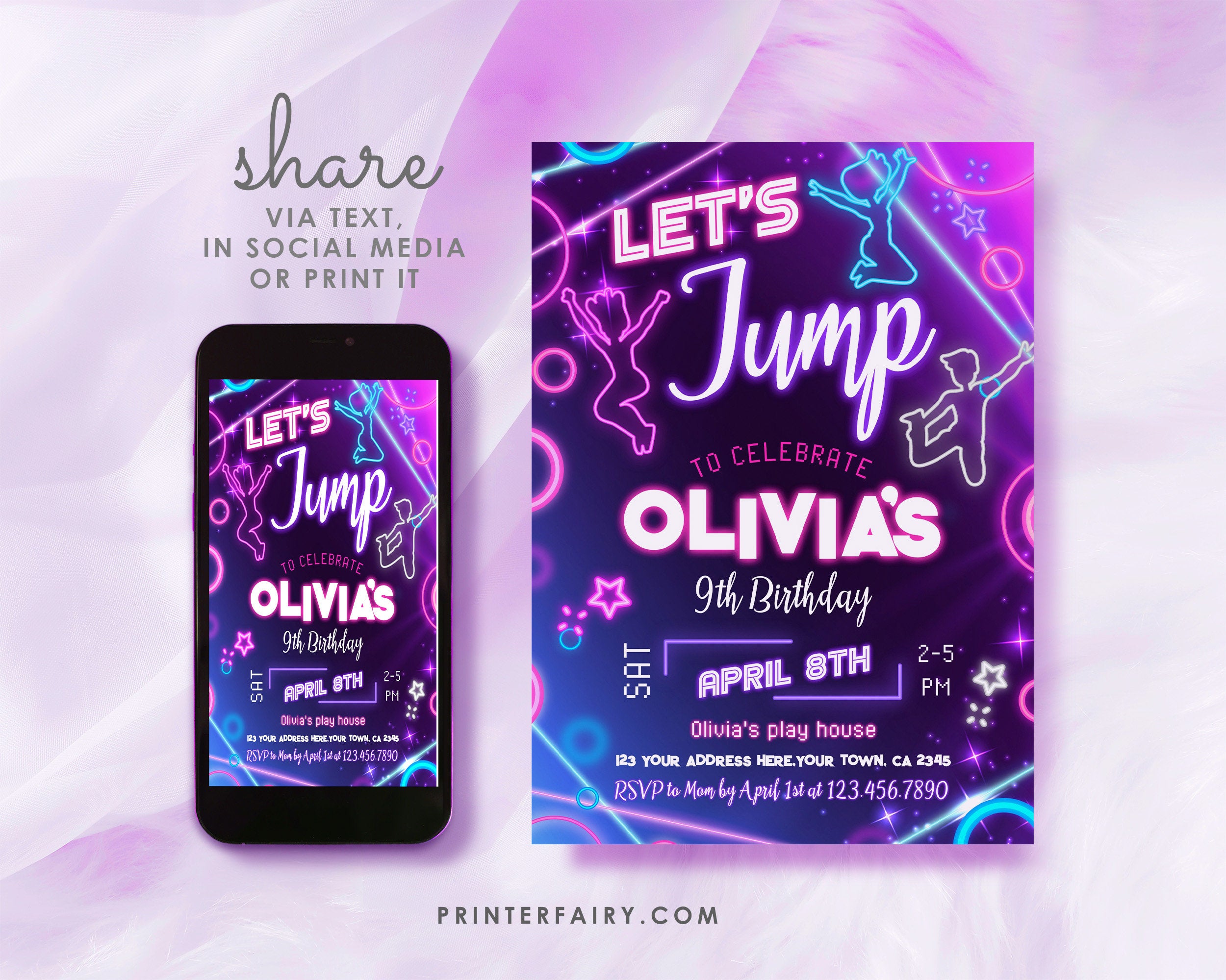 Jump House Birthday Invitation – Editable Neon Party (Digital)