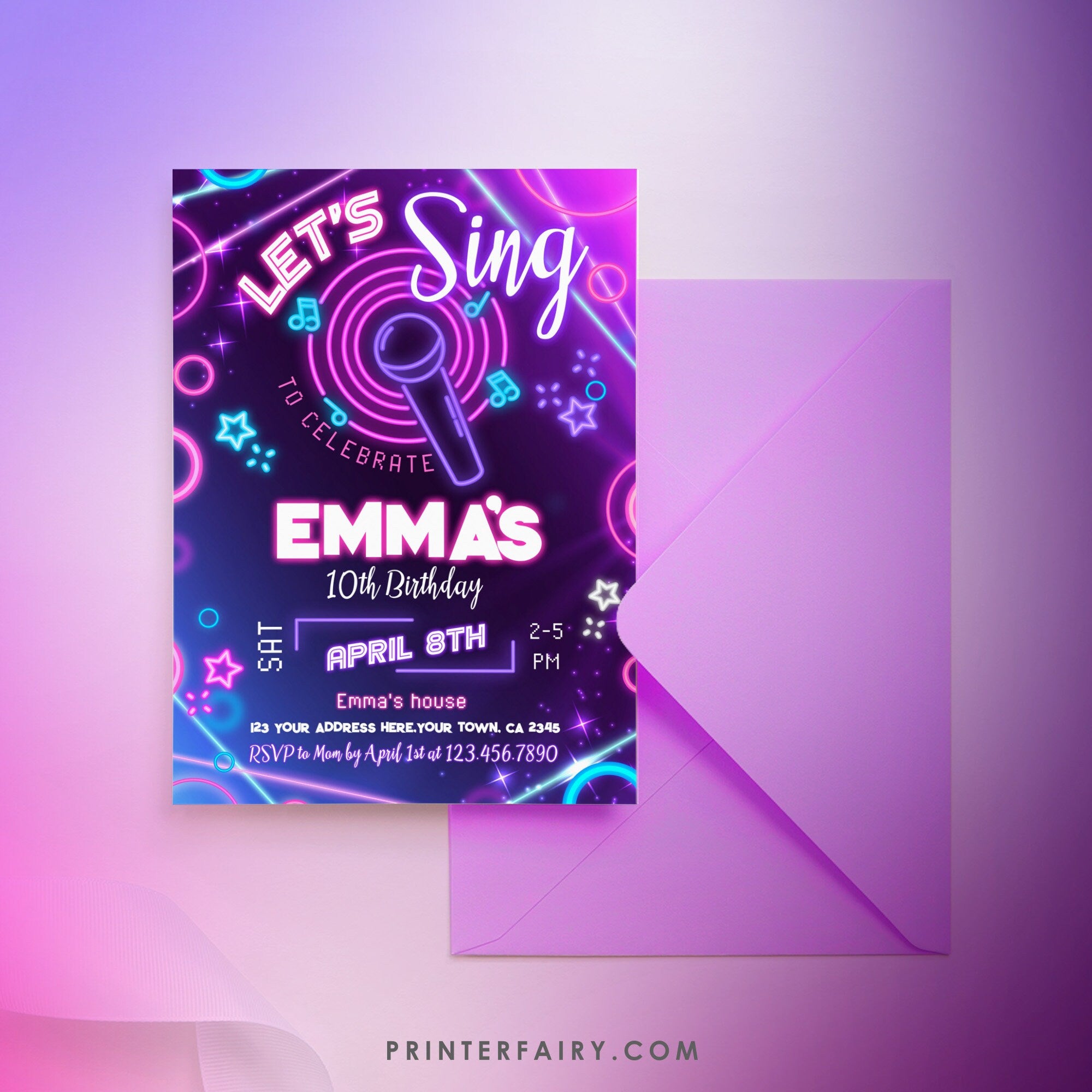 Neon Karaoke Birthday Party Invitation: Editable, Instant Download