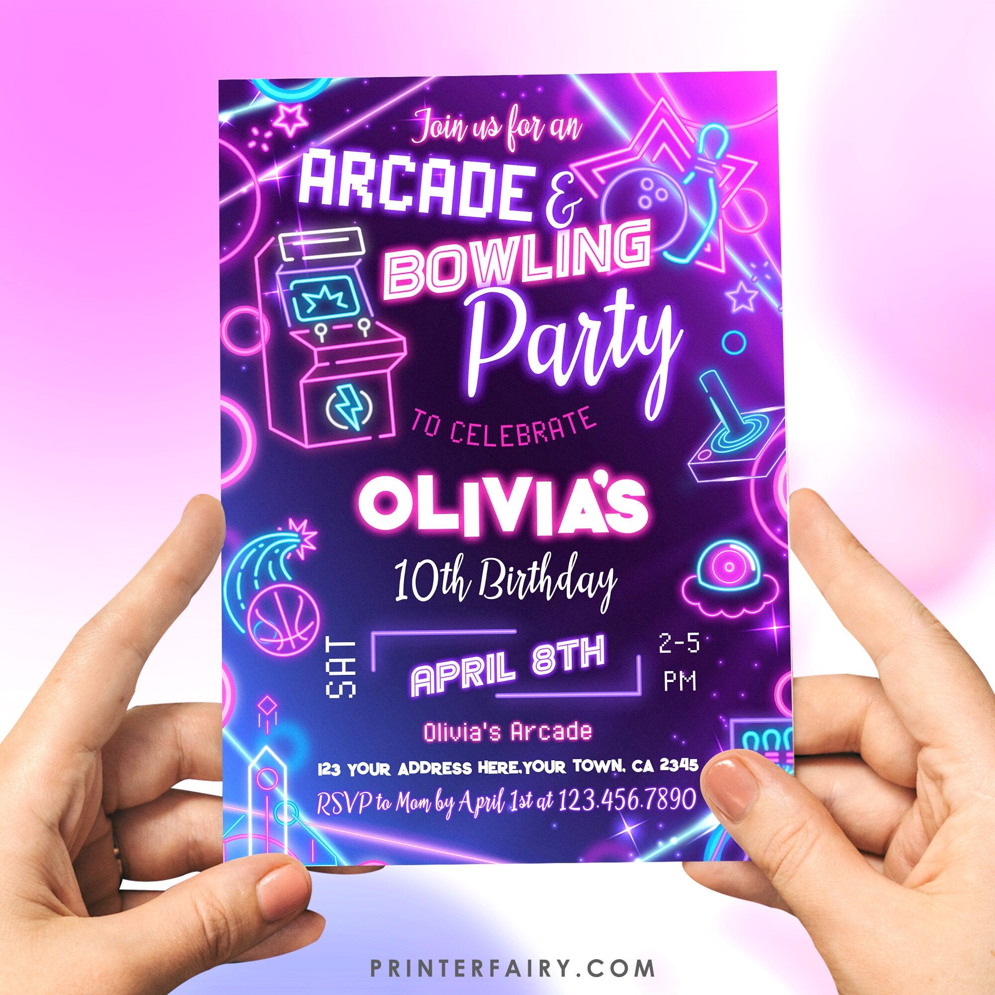 Neon Arcade Bowling Birthday Invitation: Editable Party Invite (Digital)