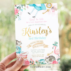 Alice in Wonderland Birthday Invitation, Floral Tea Party, Editable (Digital Download)