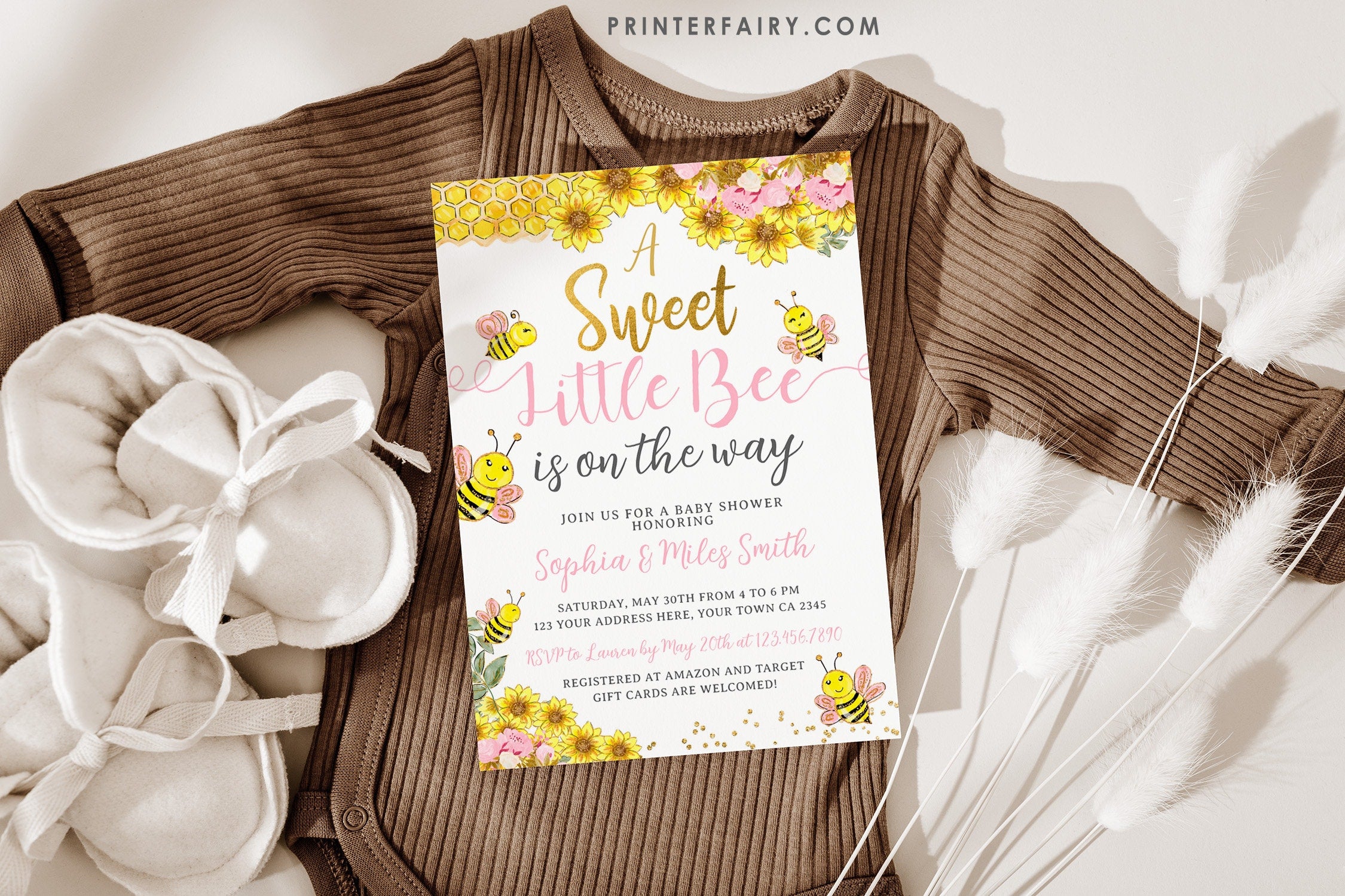 Editable Bee Baby Shower Invitation, Sunflower Design (Digital Invite)