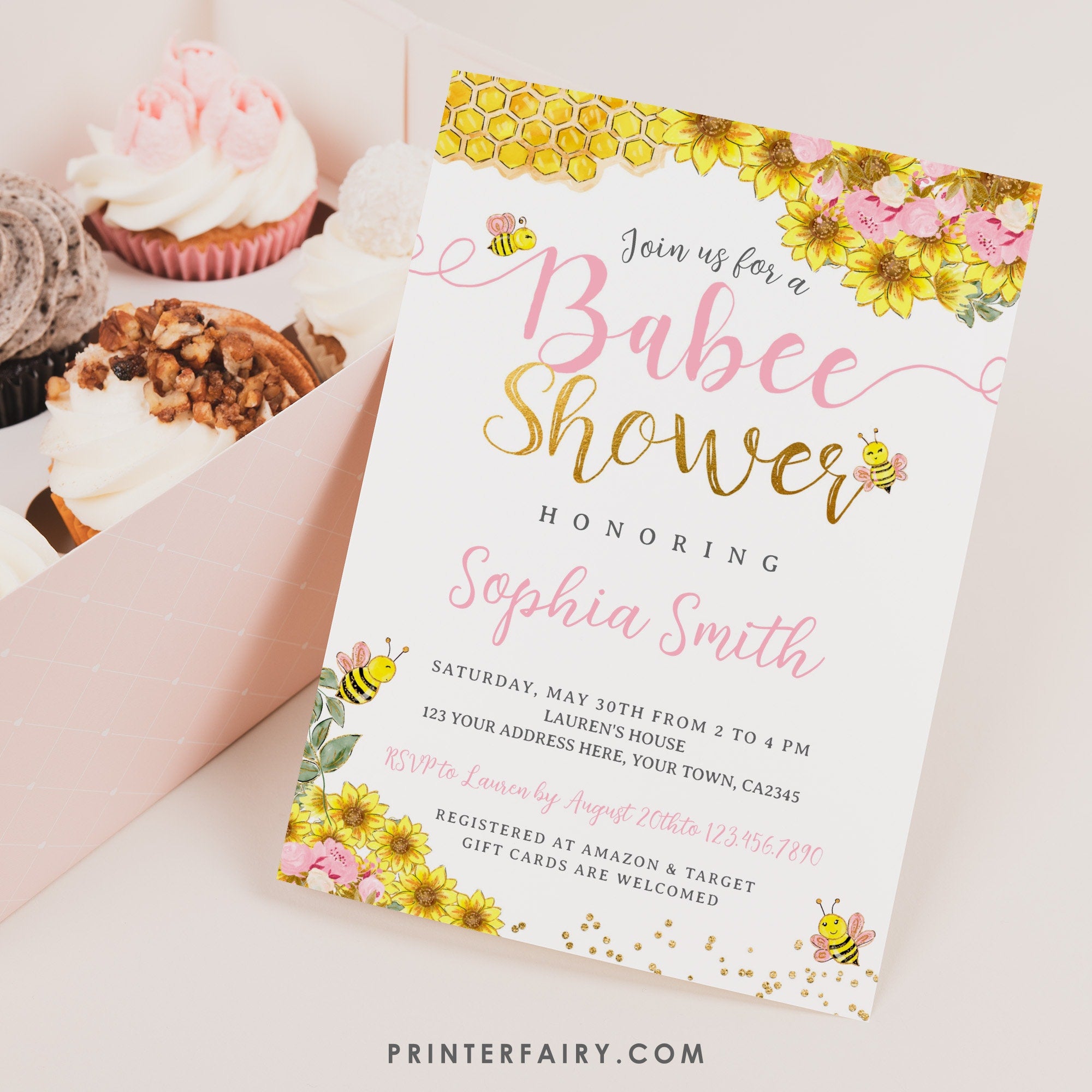 Bee Baby Shower Invitation, Sunflower, Editable Digital Invite