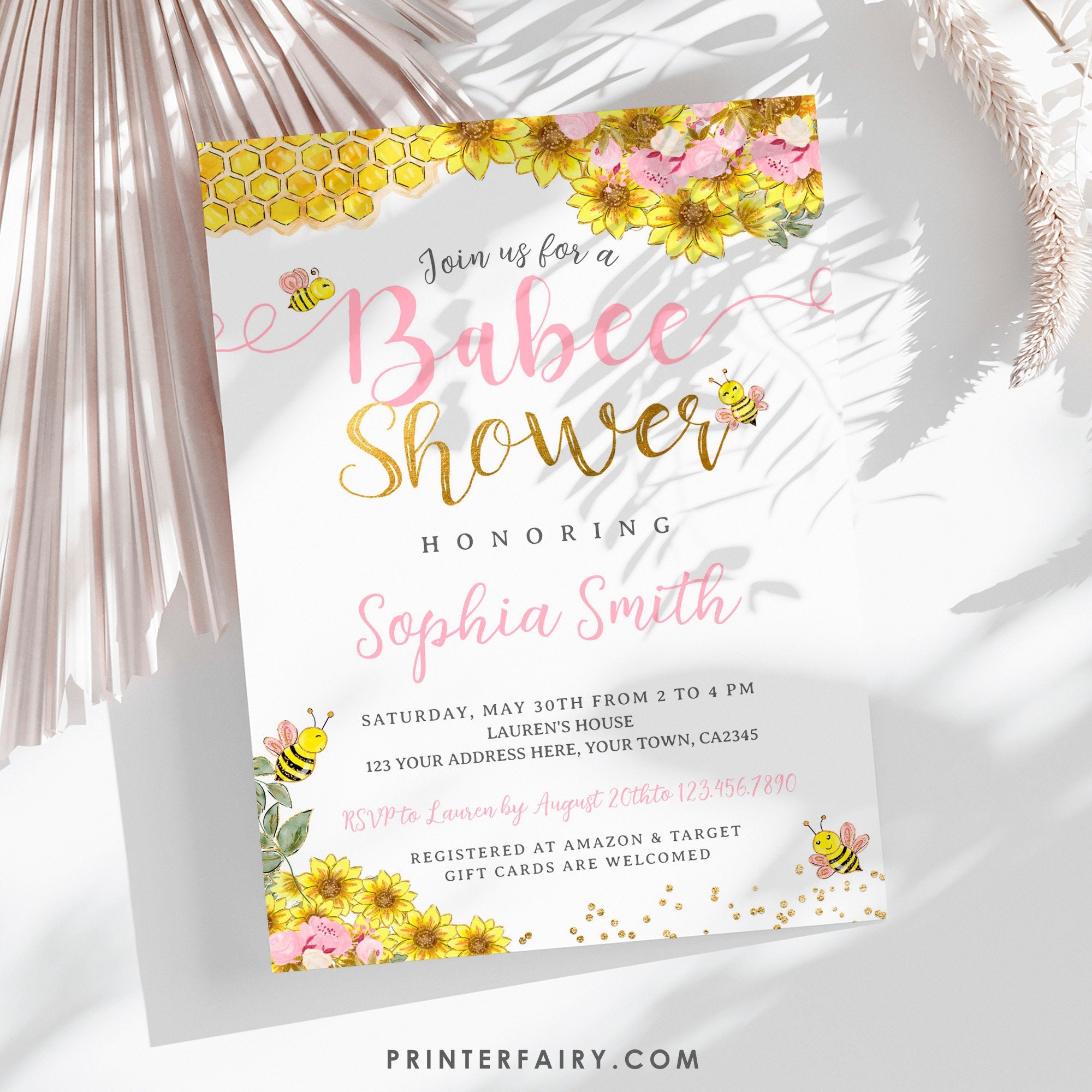 Bee Baby Shower Invitation, Sunflower, Editable Digital Invite