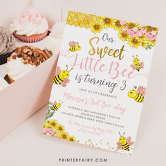 Bee Birthday Invitation, Sunflower Party (Editable, Instant Download)