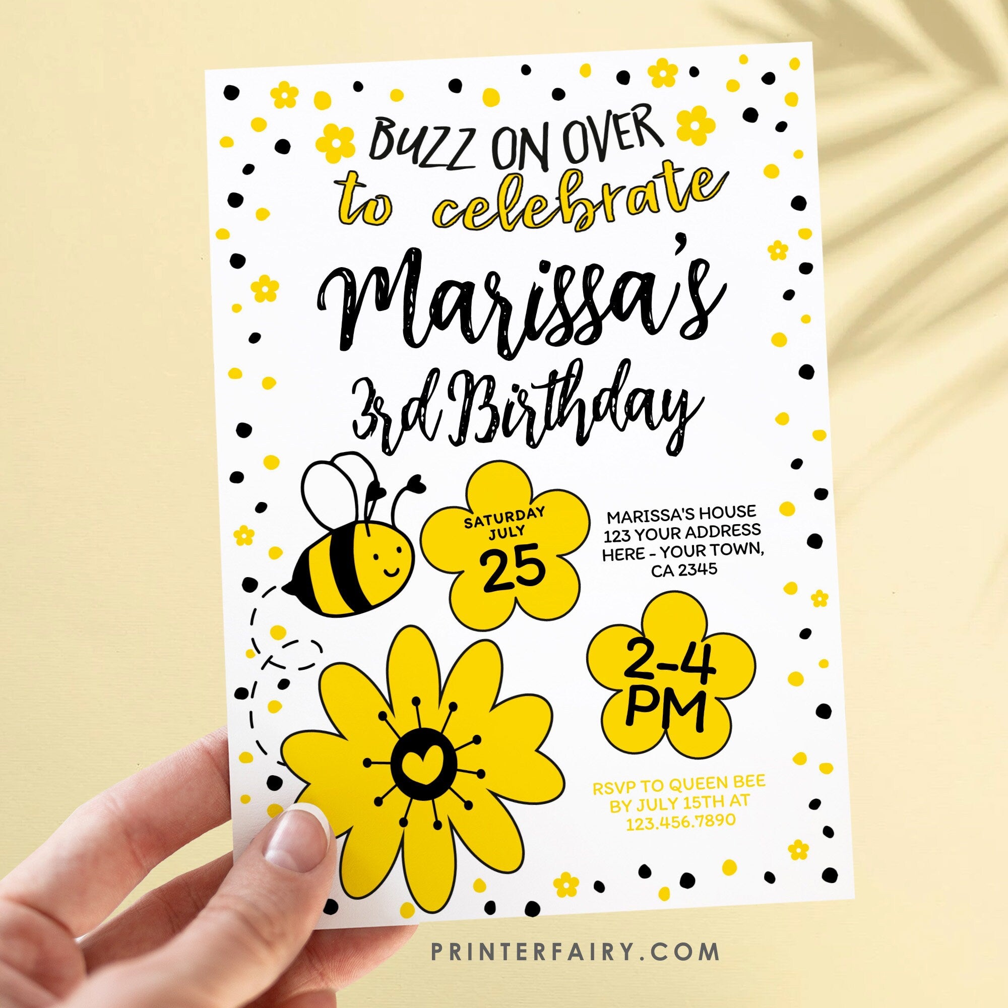 Bee Birthday Invitation Editable Template for Any Age, Sunflower Party (Instant Download)