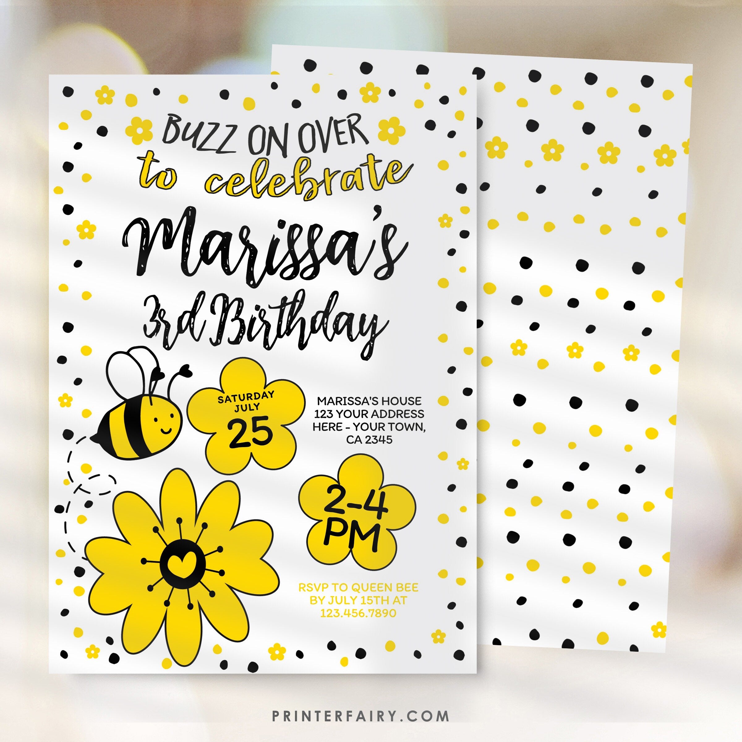 Bee Birthday Invitation Editable Template for Any Age, Sunflower Party (Instant Download)