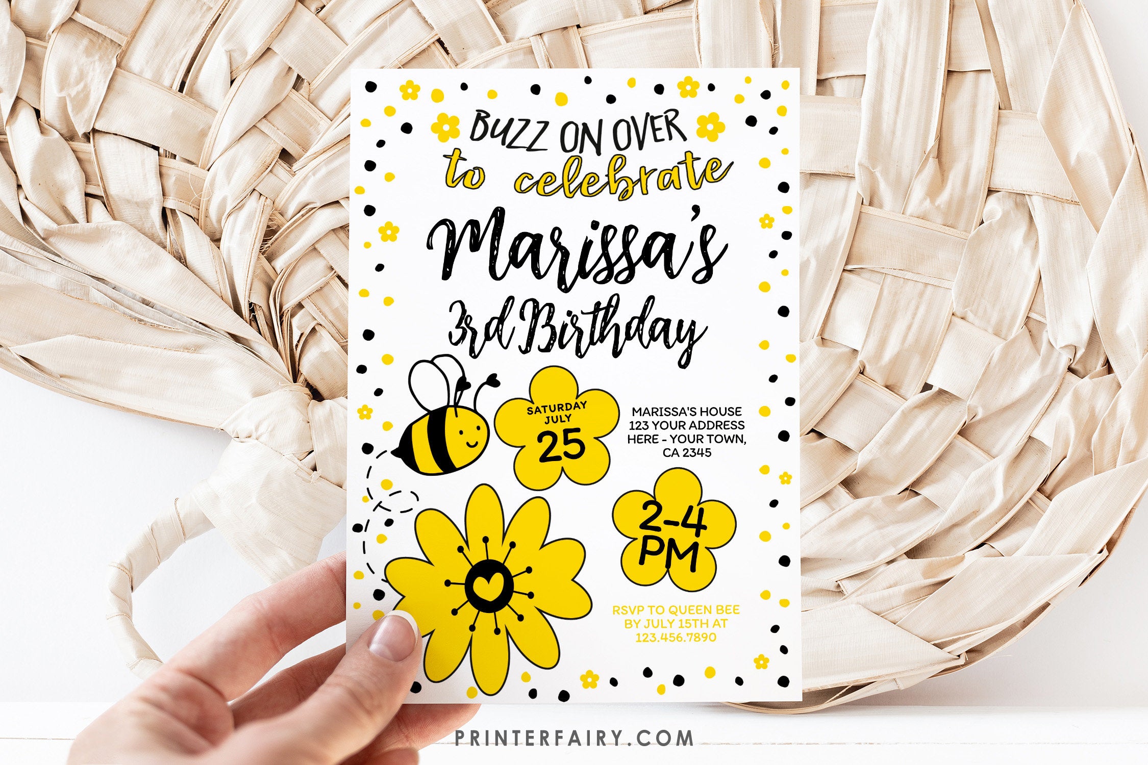 Bee Birthday Invitation Editable Template for Any Age, Sunflower Party (Instant Download)