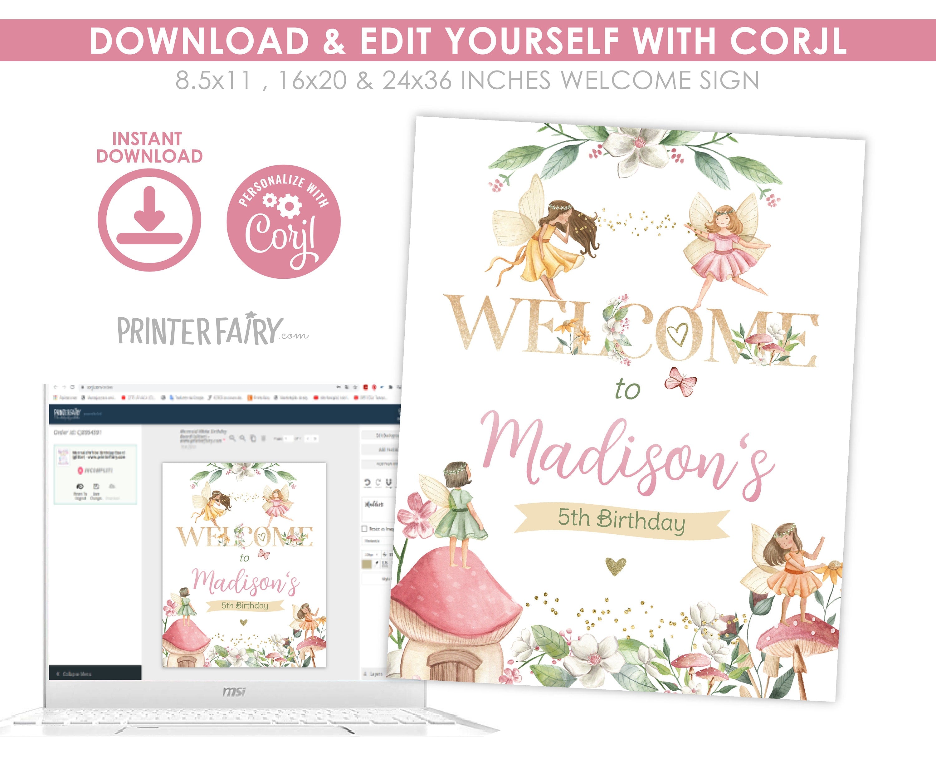 Editable Fairy Birthday Welcome Sign, Floral Garden Party (Instant Download)