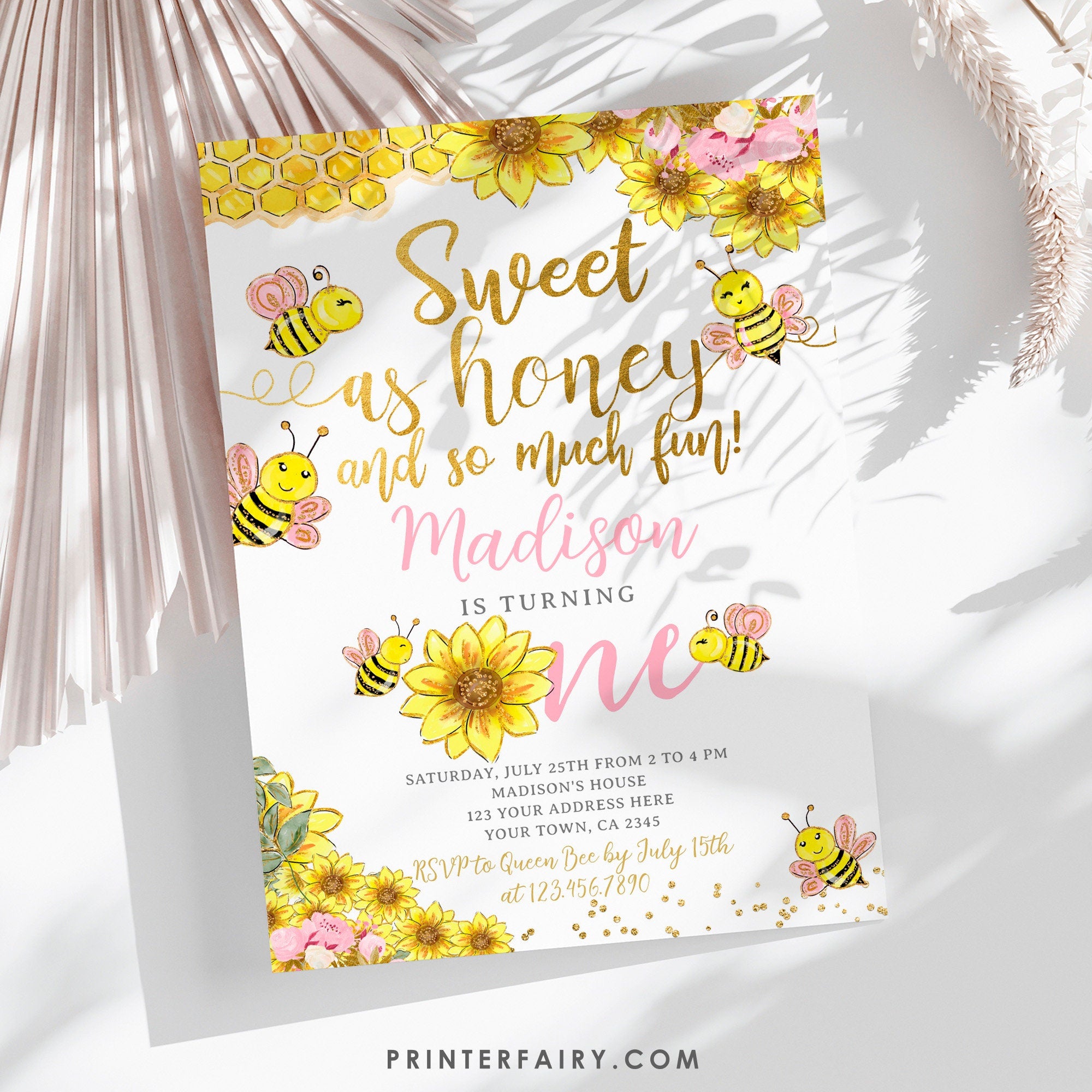 Sunflower Bee 1st Birthday Invitation, Editable Beeday (Instant Download)