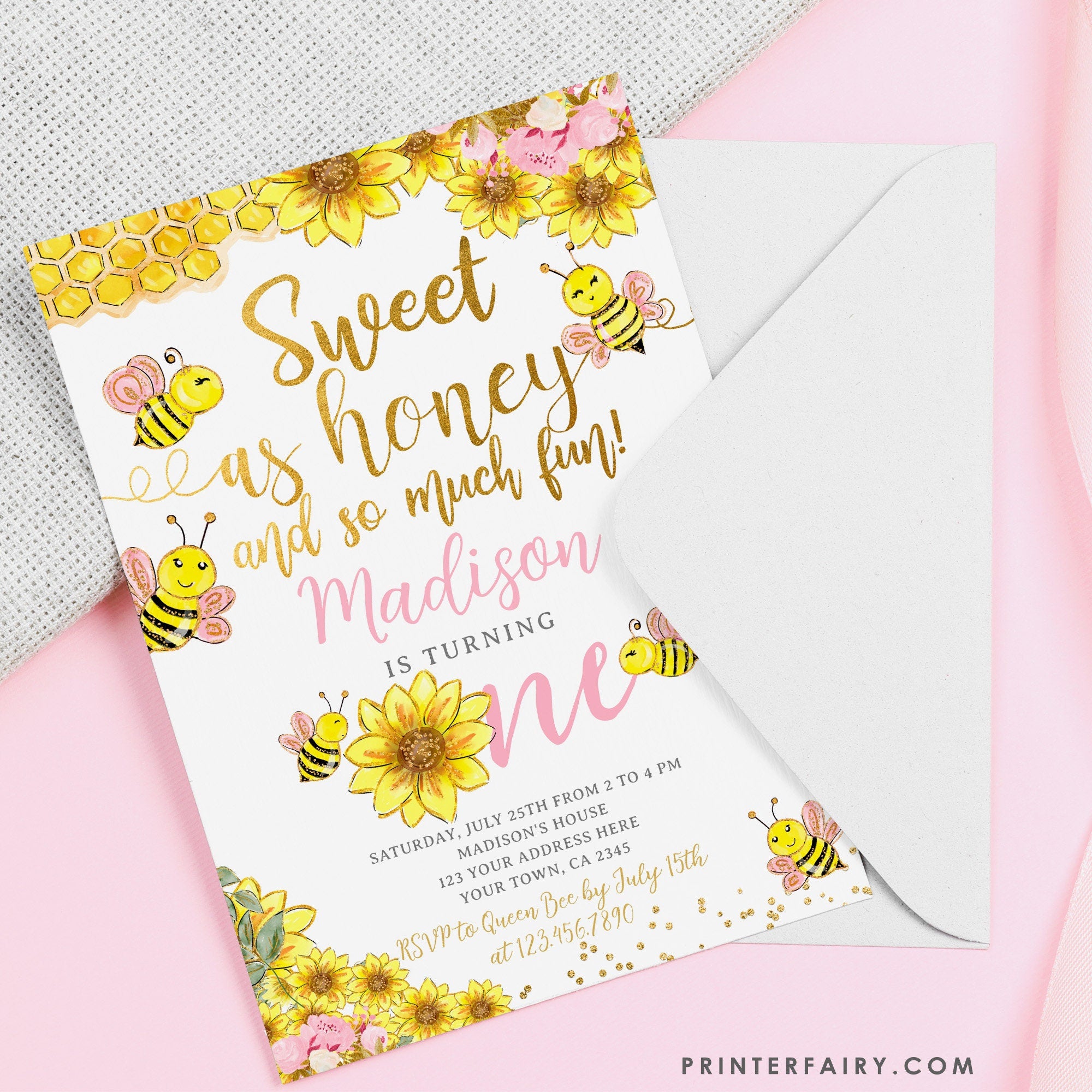 Sunflower Bee 1st Birthday Invitation, Editable Beeday (Instant Download)