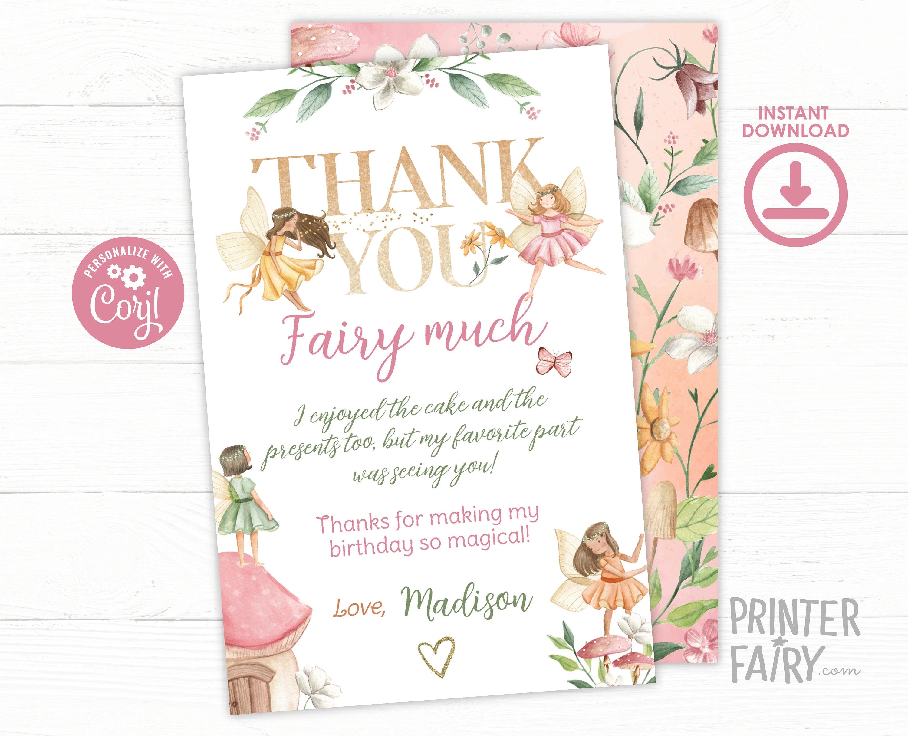Editable Fairy Birthday Thank You Card, Whimsical Garden Party (Instant Download)
