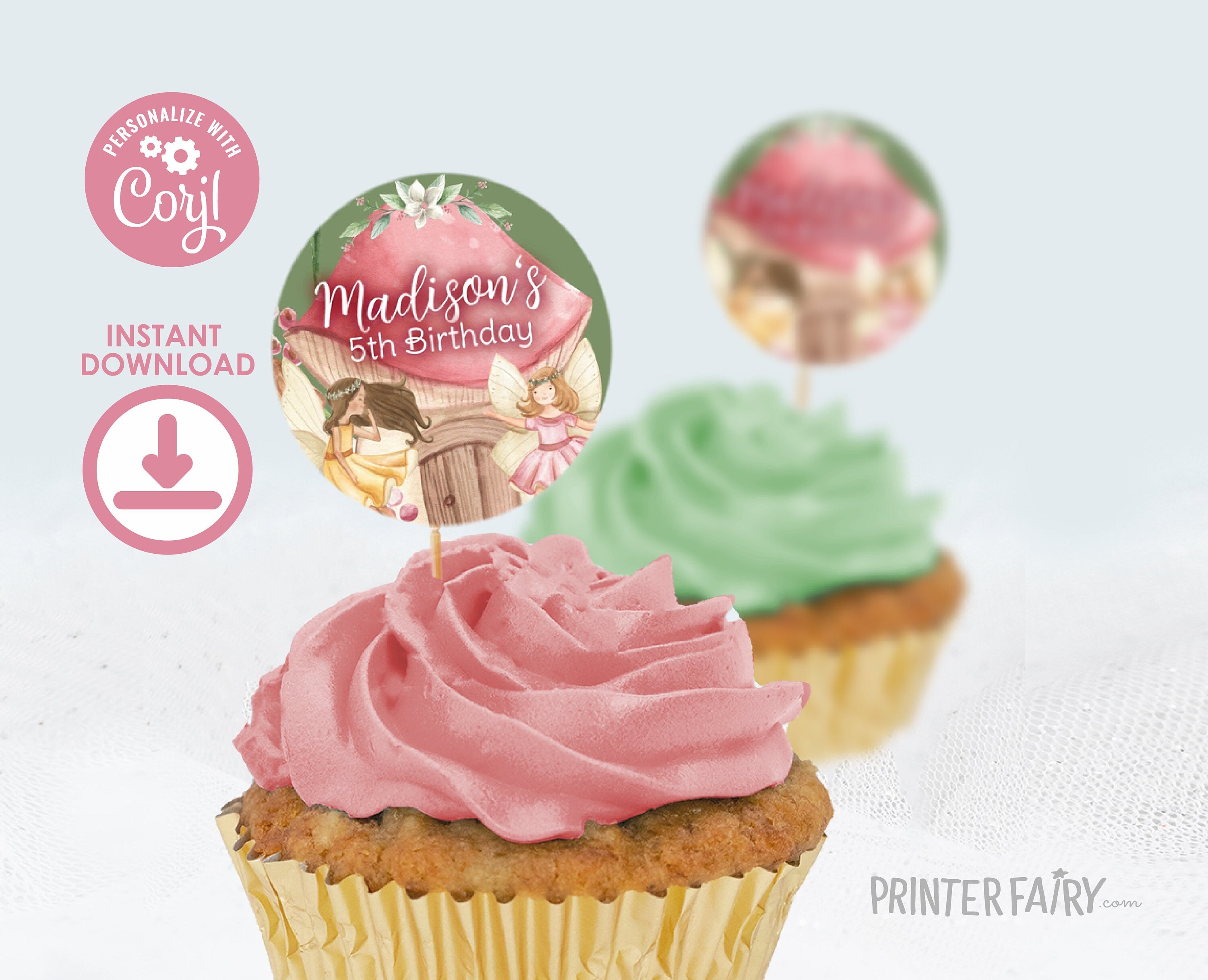 Editable Fairy Birthday Muffin Toppers, Favor Bag Labels (Instant Download)