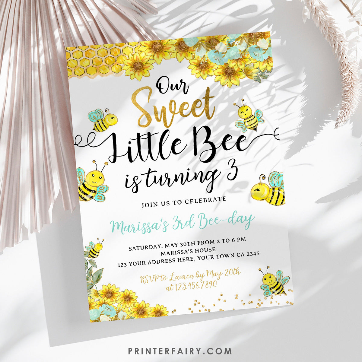 Sunflower Bee Birthday Invitation, Editable Bee-Day Party (Instant Download)